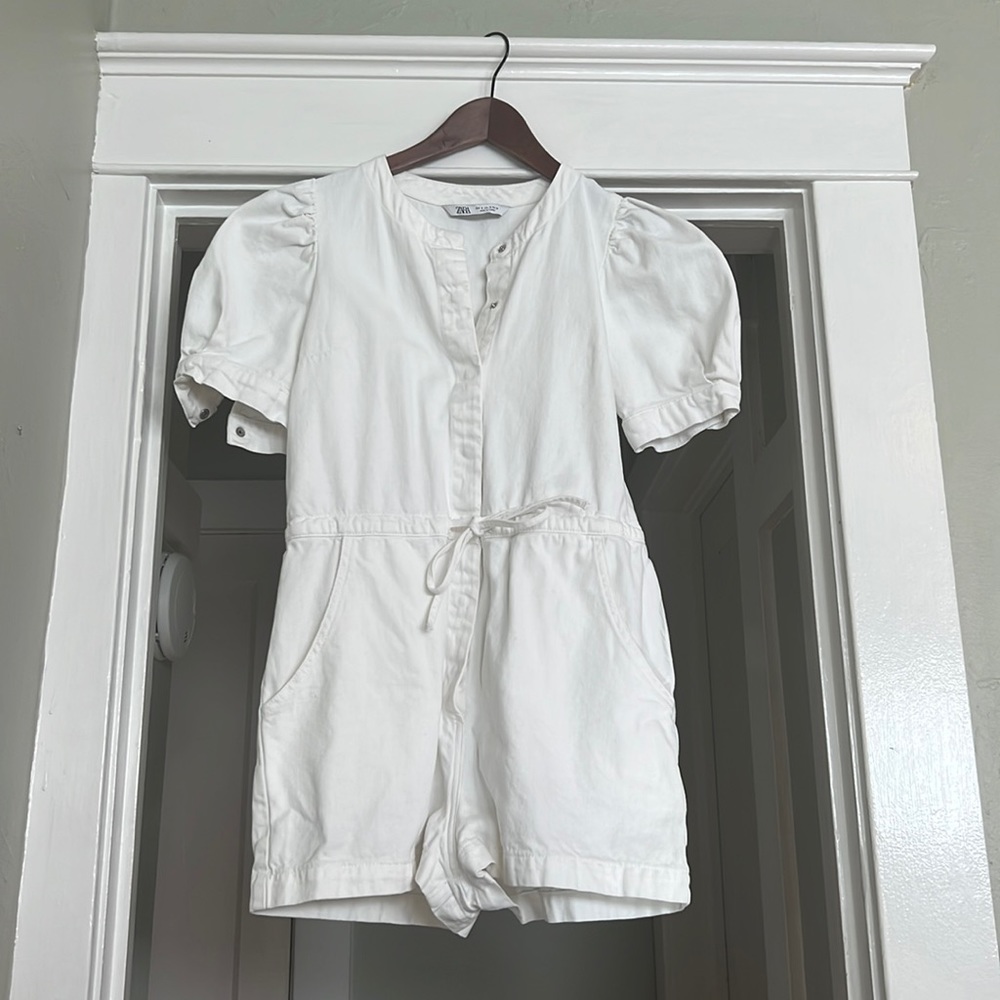 White Zara Denim Romper with Puff Sleeves